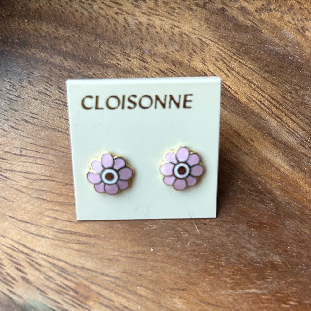 Vintage Cloisonné Pink Flower Stud Earrings